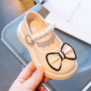 Çocuk ayakkabıları Sonbahar 2022 Yeni fiyonk İnci Prenses deri ayakkabı Rahat Çocuk Kız Elbise Parti rahat ayakkabılar