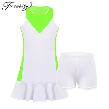 Çocuk Kız Kolsuz Tenis Elbiseler Spor Tezahürat Mini Elbise Racer Geri Fırfır Etek Badminton Spor Elbise Şort