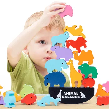 Çocuk Montessori Ahşap Hayvan Denge Blokları Tahta Oyunları Oyuncak Dinozor Eğitici İstifleme Yüksek Yapı Taşı Ahşap Oyuncak Erkek