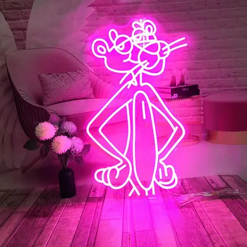 Özel Led Neon Pembe Panter Ayakta Temizle Destek Neon Burcu Odası Dekorasyon