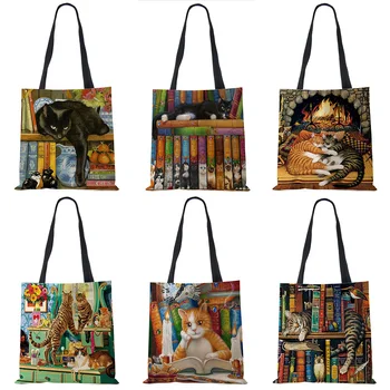 Özelleştirmek Yağlıboya Kedi Baskı Bayan Tasarımcı Tote Çanta Keten Kullanımlık alışveriş çantası Bakkaliye İçin omuz çantaları Bayan için