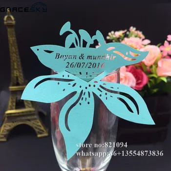 ücretsiz kargo 50 adet zambak çiçekler metin kişiselleştirilmiş lazer kesim Yeri Şarap Cam Bardak Kağıt Kartı Düğün Ev Süslemeleri için